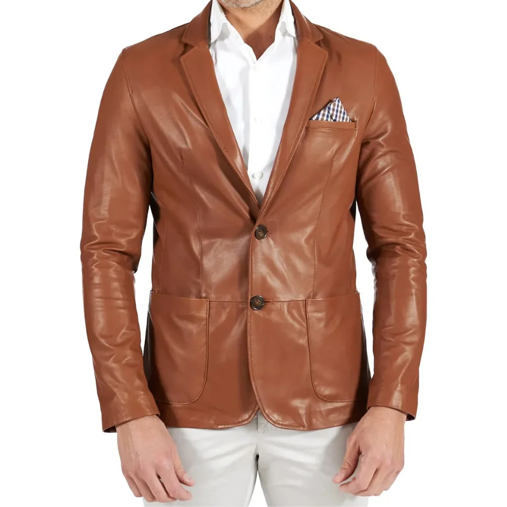 Mens Brown Two Button Tan Natural Leather Blazer Jacket Mens Brown Two Button Tan Natural Leather Blazer Jacket