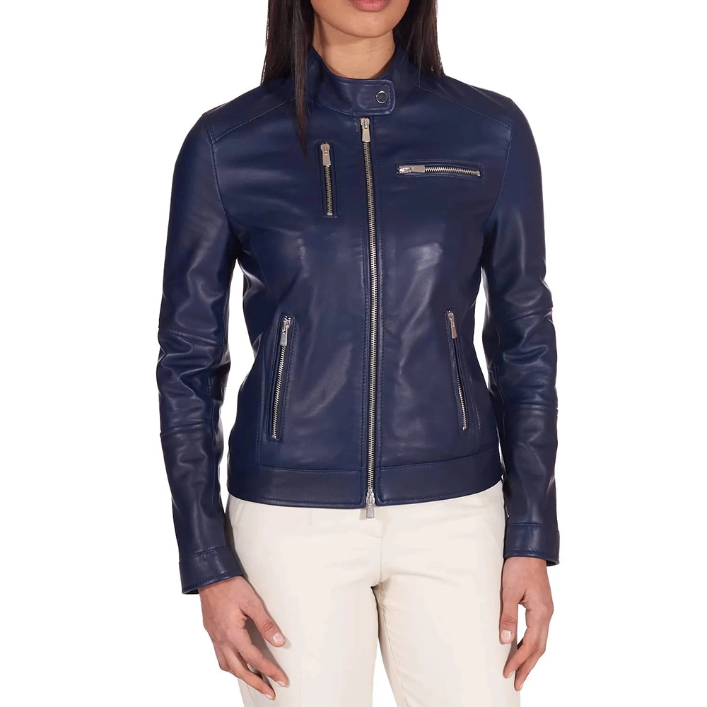 Women’s Navy Blue Genuine Leather Motorcycle Jacket Women’s Navy Blue Genuine Leather Motorcycle Jacket