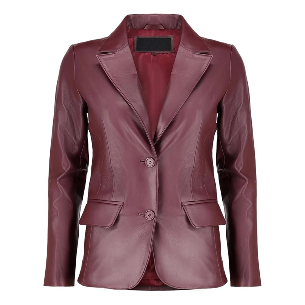Women's Two Button Maroon Leather Blazer Women's Two Button Maroon Leather Blazer